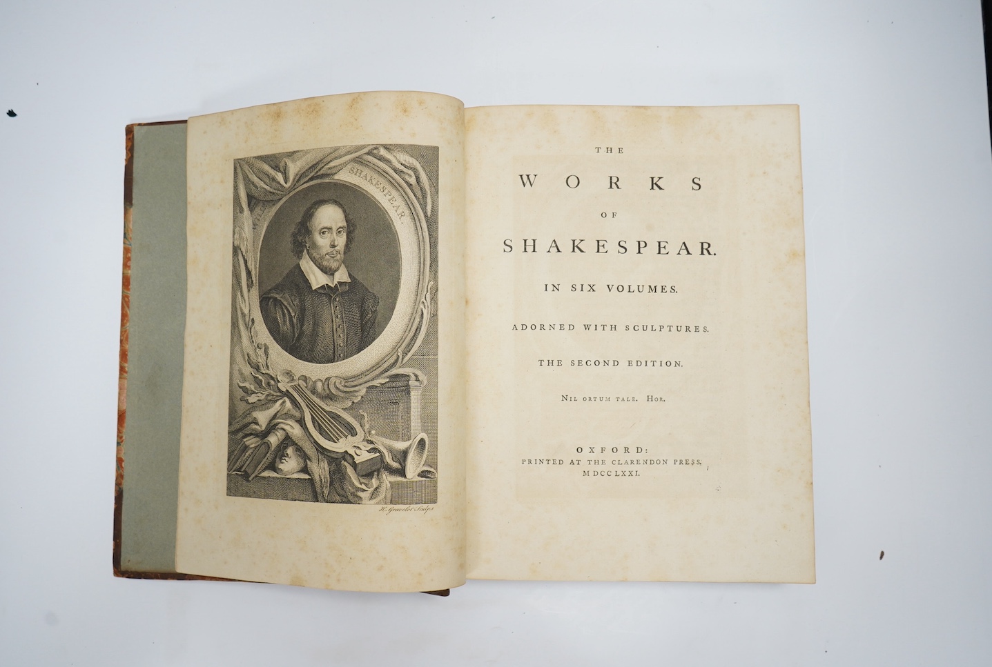 Shakespeare, William - The Works of Shakespear (sic) in six volumes. Adorned with Sculptures. (Edited by Sir Thomas Hanmer), second edition. portrait frontis., 2 plates of monuments and 36 others, num. pictorial tailpiec